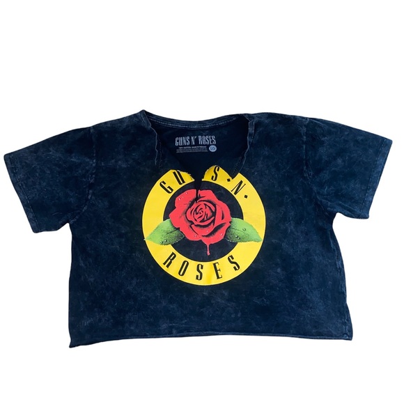 Guns N Roses Black Acid Wash Distressed Crop Top Tee T Shirt sz L - Picture 1 of 2